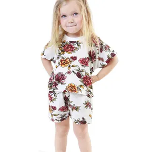 New Design Flores Baby Top Vestidos 8 Anos Menina Floral Shorts 2 Peça Define Roupas de Impressão 100% Algodão Doce 1pc/opp Bag