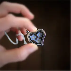 Heart Pendant Glass Locket Dried Flower Forget Me Not Gift Memory Love Missing Jewellery