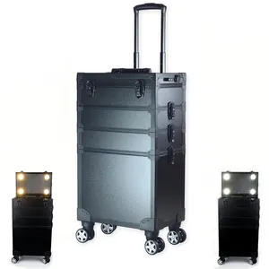 professional trolley aluminum salon lighted beauty cosmetic makeup case with LED lights 4 removable universal wheels