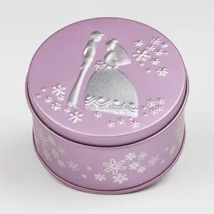 Wedding Reurn Gift Bride and Groom with Butterflies Design Pink Round Tin Wedding Candy Box
