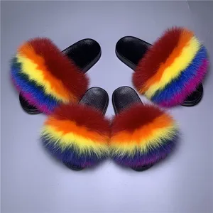 Wholesale Fashion Cute Multi色Child Fur SandalsとSlippers Real Fox Fur Slides Kids