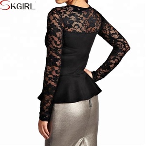 <span class=keywords><strong>Elegante</strong></span> Blusa <span class=keywords><strong>Nera</strong></span> di Qualità con Maniche Lunghe in Pizzo all'Uncinetto e Peplum - Product Image 2