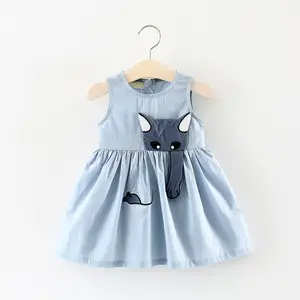 High quality cotton fox cartoon party dress cutting design baby girls