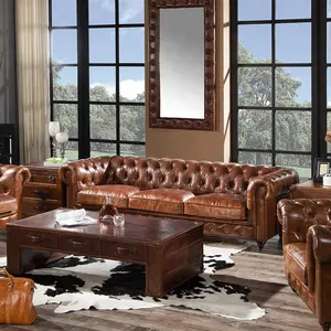 Living Room Set Vintage Leather Sofa Full Genuine Leather Chesterfield Tufted Distressed Leather Sofa 3 Seater Luxury Vintage American Style