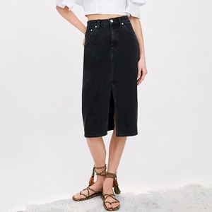 Denim <span class=keywords><strong>gonna</strong></span> midi classico nero fantasia casuale delle donne <span class=keywords><strong>gonna</strong></span> <span class=keywords><strong>con</strong></span> <span class=keywords><strong>spacco</strong></span> - Product Image 1