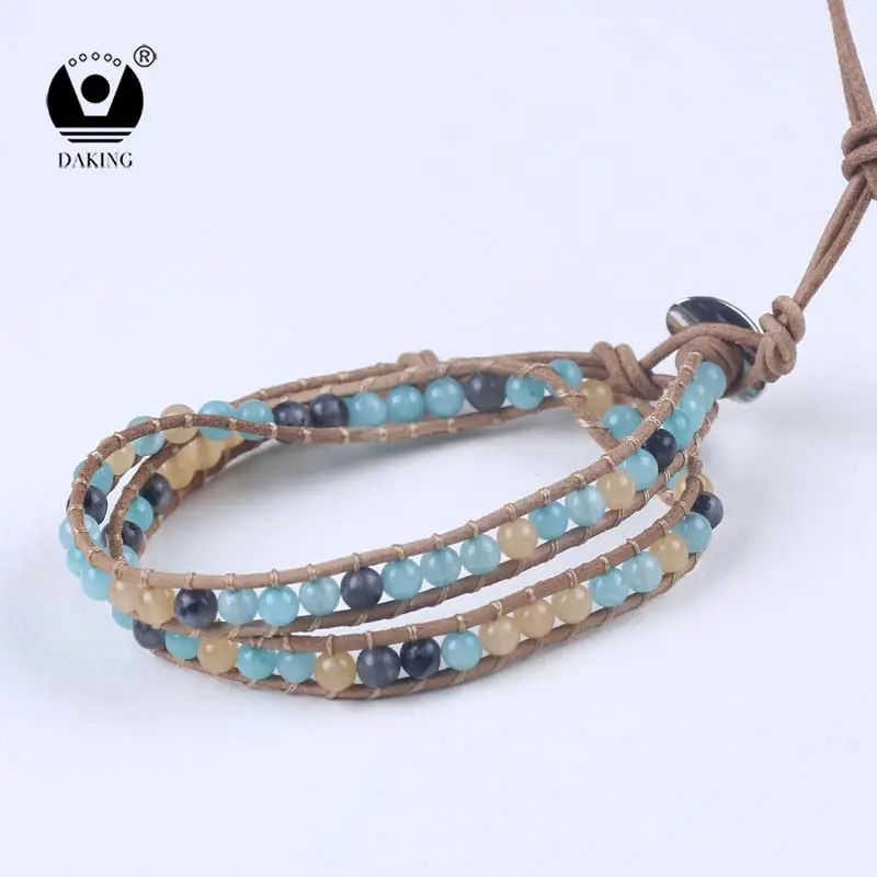 wholesale handmade jewelry natural multi-color jade stone 4mm beads leather wrap bracelet