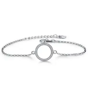 Pulseira de prata esterlina 925, pulseira com corrente fina com pingente círculo simples para mulheres