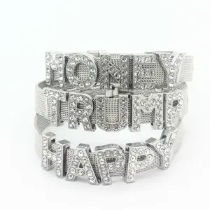 Pulseira de cristal strass, bracelete de malha com berloque