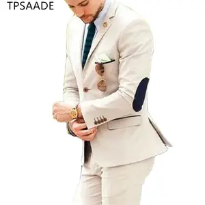 Casual Stylish Patch At The Elbow Custom Made Beige Men Suits 2 Pieces WPY003