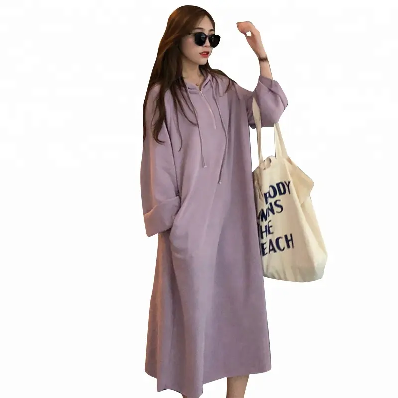 Fashion Long Solid Color Pocket Loose Fleece Hoodie Dress