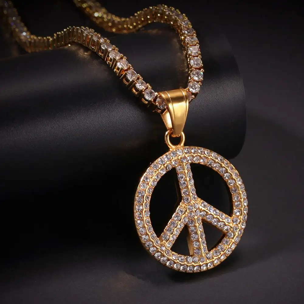 Simbolo di pace Anti-Guerra del Segno di Pendente Della Collana di hiphop diamante del Segno di Pace Del Pendente Della Collana Donne Collane hiphop Collier Gioielli