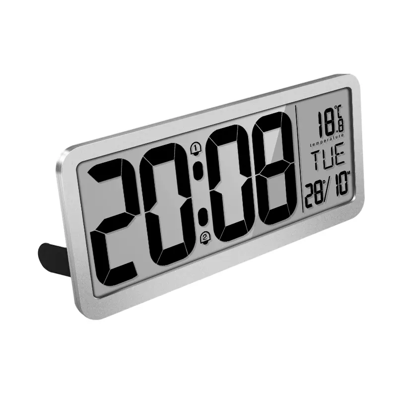 Rectangle battery powered smart silent luxury LCD large display digital wall mounted alarm clock with time date weekday