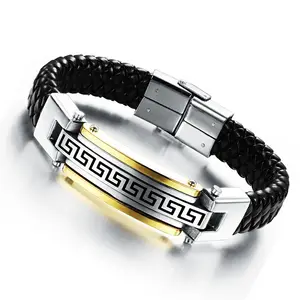 Vente en gros Bijoux Tendances 2024 Bracelet en cuir véritable pour hommes en acier inoxydable Bracelet en cuir tressé