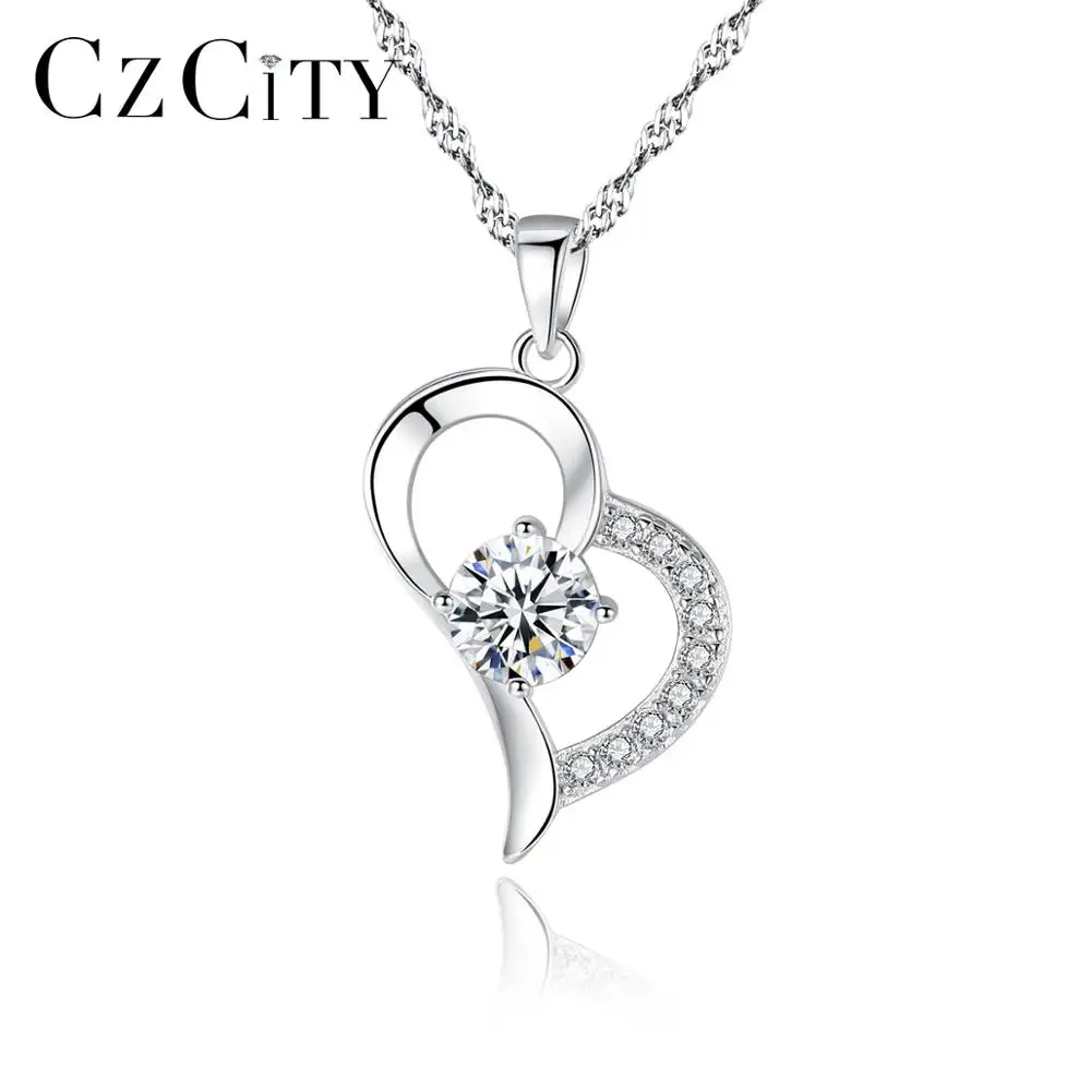 CZCITY 925 चांदी दिल महिलाओं प्यार हार गहने दिल के आकार घन Zirconia रूढ़िवादी हार