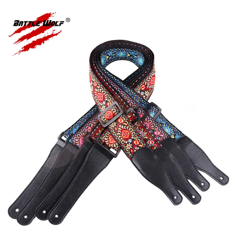 Wholesale Woven Jacquard Weave Different Style Wear Resisting Real Leather Ends Strap for Guitar Strap