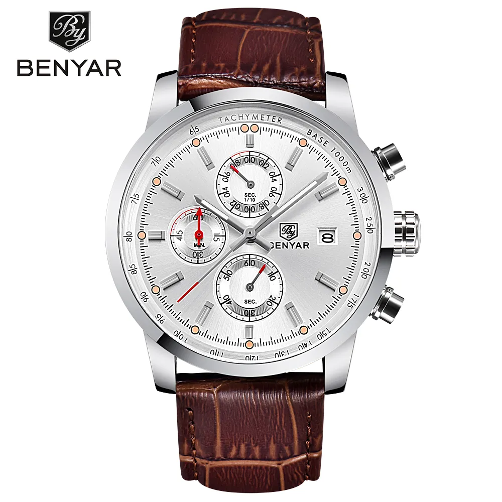 BENYAR Brand Watch Chronograph Sport black leather strap band alloy case Men Quartz Date Watches