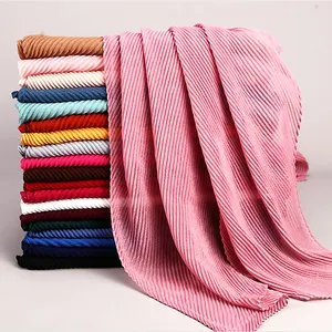 Nouvelle mode sergé froissé hijab coton lin écharpe mode couleur unie femmes écharpes châles