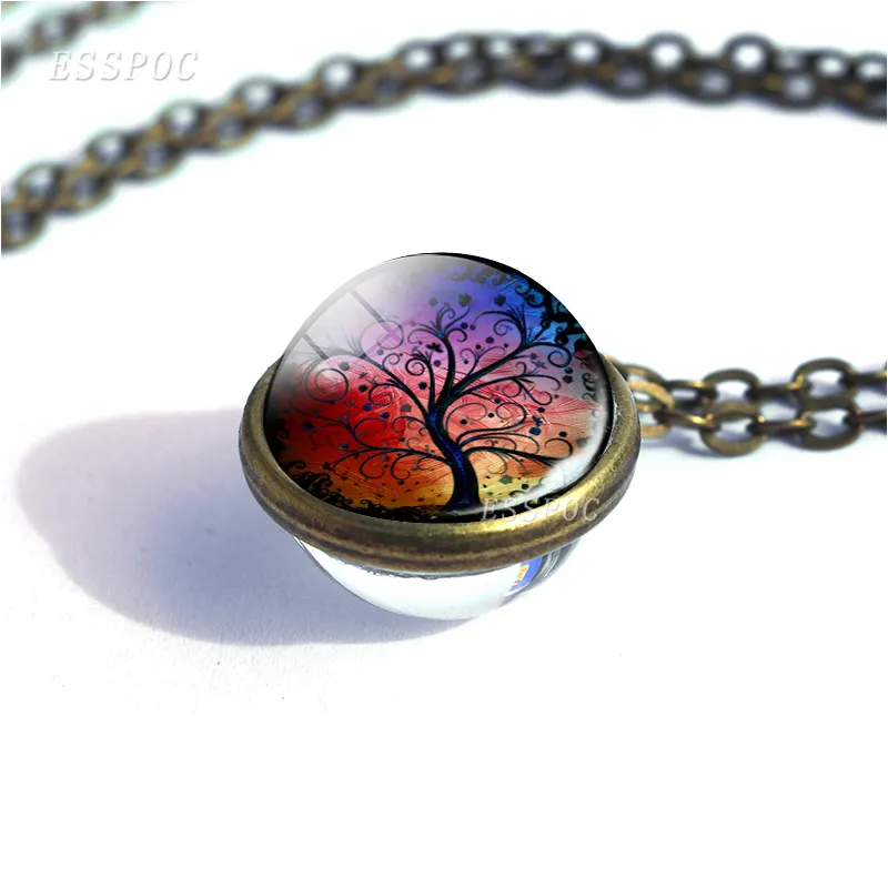 Tree Of Life Double Sided Glass Ball Necklace Fashion Pendant Jewelry Vintage Bronze Chain For Women men Accessories Gift