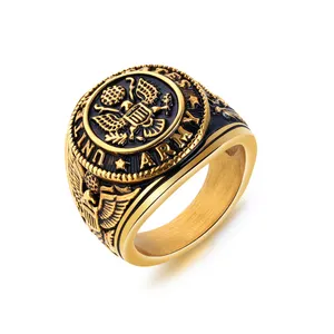 西部个性时尚经典古董军队金银复古戒指男士钛圆鹰图章戒指