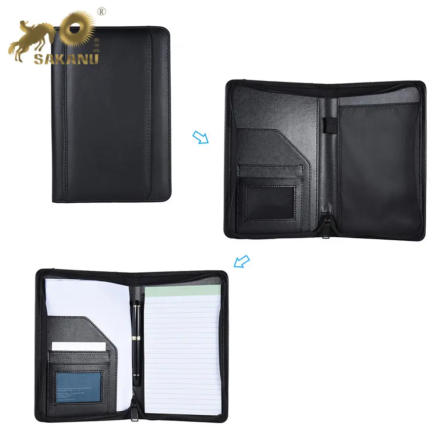 High Quality Professional Business Zippered a5 Padfolio PU Leather Modern Portfolio with Multiple Pockets