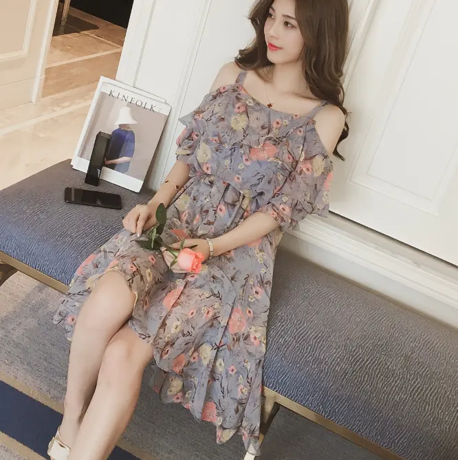 Las últimas mujeres vestido de verano nuevo vestido de gasa flor impresión vestidos Coreanos