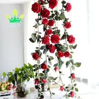 Flores artificiais de seda, rosas vermelhas, vinha, pendurada, planta, folhas, guirlanda para festa de casamento, jardim, decoração de parede