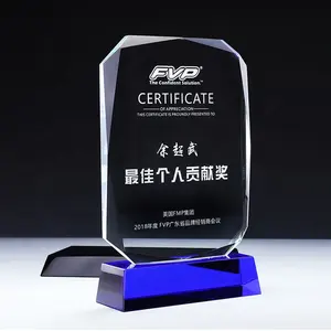 New design cheap clear blue crystal base 3d laser color printing k9 crystal trophy for annual meeting prize competition awards
