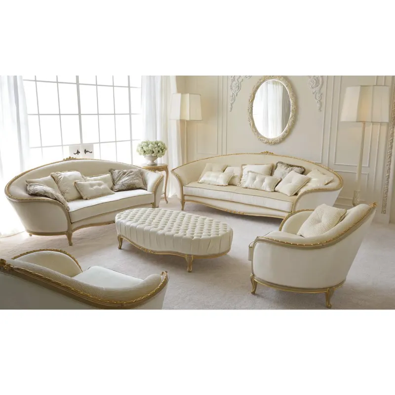 Luxe Hete Verkoop Franse Crèmekleurige Witte Rococo Antieke Klassieke Gouden Woonkamer Stof Meuble Sofa Woonkamer Meubelset