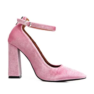 latest comfortable ladies pink black velvet pointed toe chunky pumps women high heel shoes