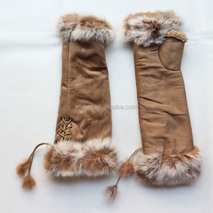 Para <span class=keywords><strong>mujer</strong></span> de color caqui de manga larga <span class=keywords><strong>guantes</strong></span> sin dedos de cuero con <span class=keywords><strong>piel</strong></span> de conejo - Product Image 4
