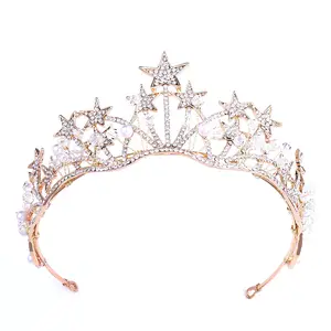 Korean New Bride Headwear Hoop Alloy Five-star Diamond Tiara String Crystal Bead Bride Handmade Crown
