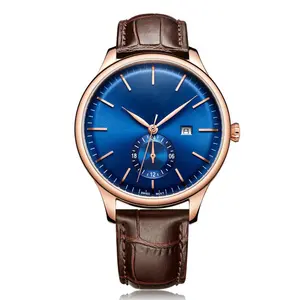 Relógio de couro masculino, relógio solar azul real de índice 3d marrom para homens