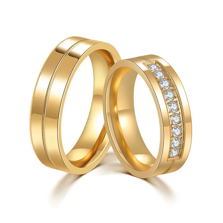 Factory Direct High Quality Titanium Steel Wedding Ring with Diamond Gold 18K Gold Plated for Lovers' Anniversaries Engagements