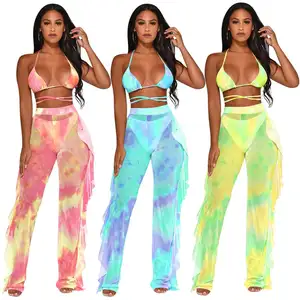 Vrouwen Badpak Cover Ups Bikini Tie Dye Ruffle Sheer Wijde Pijpen 2 Stuk Strand Jumpsuit