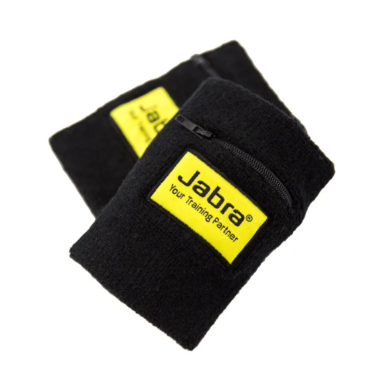 Wholesale sports basketball badminton zipper pocket support wristband sweatband woven patch logo wrist sweat band