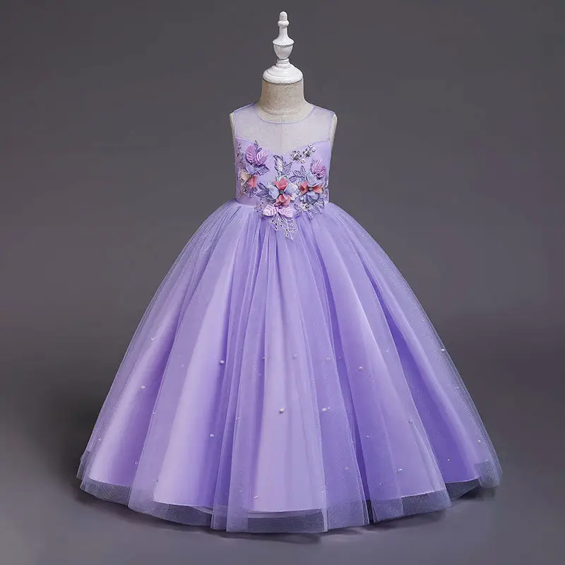 New Trend Little Girl Wholesale Stock Breathable Satin Tulle Popular Purple Sleeves Princess Dress