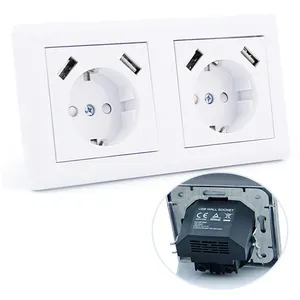 Double Socket 2-Way Socket System with 4 USB ports Wall Socket Flush-Mounted Charger for Smartphone Tablet