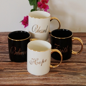 Taza <span class=keywords><strong>de</strong></span> <span class=keywords><strong>café</strong></span> <span class=keywords><strong>de</strong></span> cerámica con esmalte negro, venta al por mayor, <span class=keywords><strong>fe</strong></span> dorada - Product Image 5