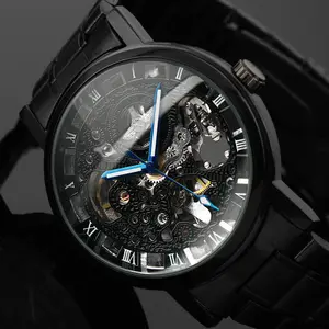 Nuevo Negro hombres esqueleto reloj de pulsera de acero inoxidable t-ganador antiguo Steampunk Casual automática esqueleto mecánico Relojes Hombre