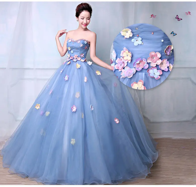 Bunga Manik-manik Berwarna Wedding Dress 2018 Baru Korea Style Light Blue Putri Pernikahan Gaun