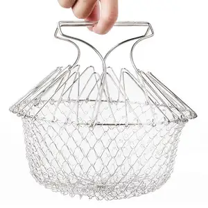 Fry Basket Extendable Foldable Round Wire Fry Basket Stainless Steel Deep Frying Basket