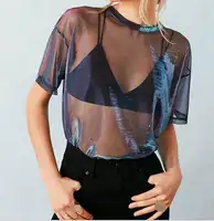 Ecowalson camisa de malha holográfica, camisa de malha metálica brilhosa, transparente, brilhante