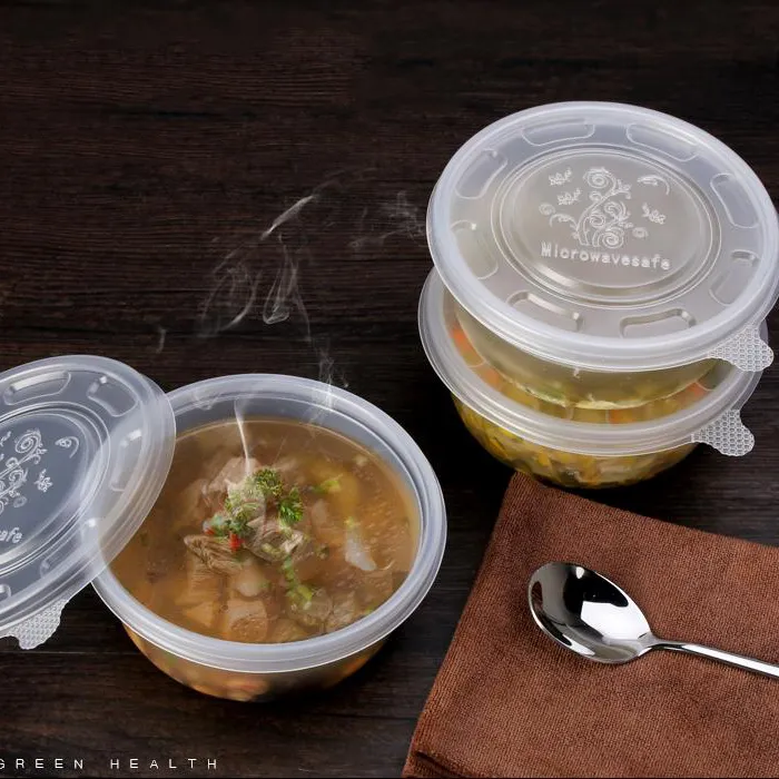 Cuenco de plástico desechable resistente al calor, recipiente redondo para llevar sopa con tapa, a prueba de fugas
