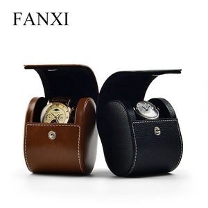 Fannxi — boîte de <span class=keywords><strong>montre</strong></span> en cuir PU noir, personnalisée, boîte à bijoux ronde à coudre, emballage marron - Product Image 2