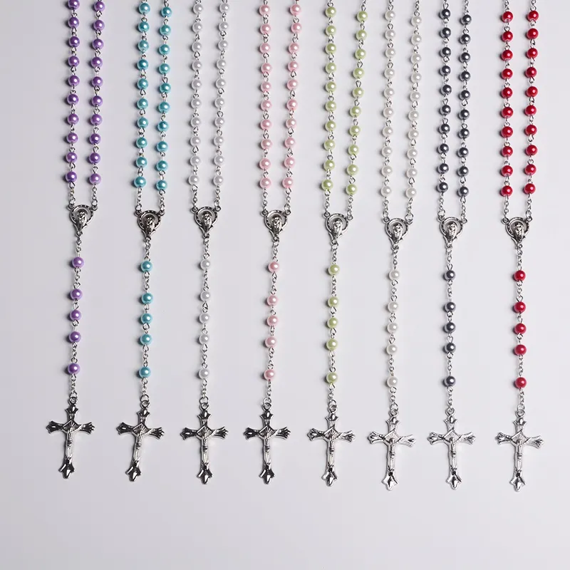 Kunden spezifische 6 mm Glas imitation Perle Perlen katholischen Rosenkranz Madonna mit Sternen Divine Mercy Halskette