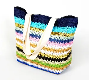 Phổ Biến Handmade Giấy Rơm Bãi Biển Túi Tùy Chỉnh Logo Sọc Crochet Tote Túi Với Bông Xử Lý