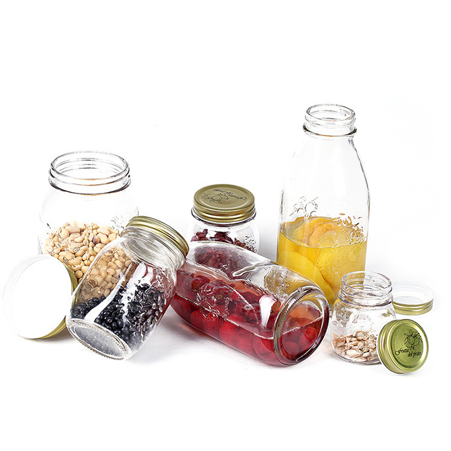 16oz regular mouth jar sealed embossed logo clear glass mason jar with metal lid and handle