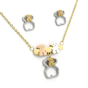 Most Popular Fashion Stainless Steel Tri Color Bear Jewellery Pendant Necklace Set