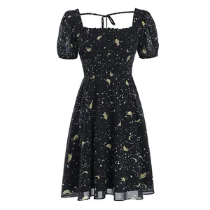 2019 Summer Elastane Pleated Ruffled A Line Fashionable Black Chiffon Yellow and White Pattern Summer Print Dress