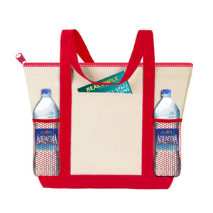 custom print heavy duty zipper canvas tote bag with mesh bottle holder